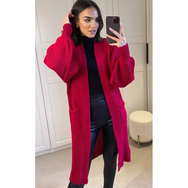 Ladies Chunky Knitted Oversized Cardigan Women Balloon Sleeve Long Maxi Cardigan Front Pockets