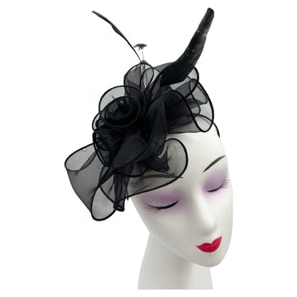 Women's Fascinator Headband Clip Mesh Net Rose Bouquet with Big Bow Flower Feather Wedding Royal Ascot Race
