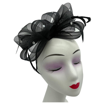 Diamante Loop Bow Feathers Fascinator Headband & Clip