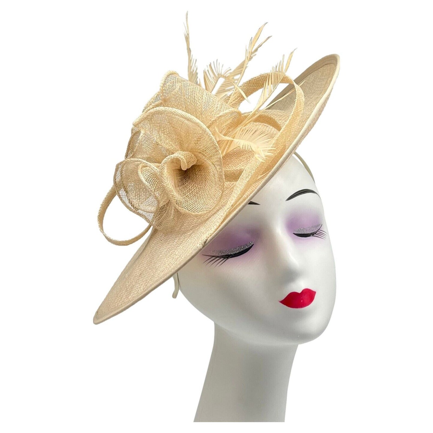 Large Sinamay Hatinator with Flower and Feather Fascinator Headband Clip Wedding Royal Ascot Race