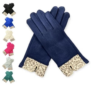 Women's Faux Suede Gloves Leopard Print Cuffs Fleece Winter Warm Cosy Gloves