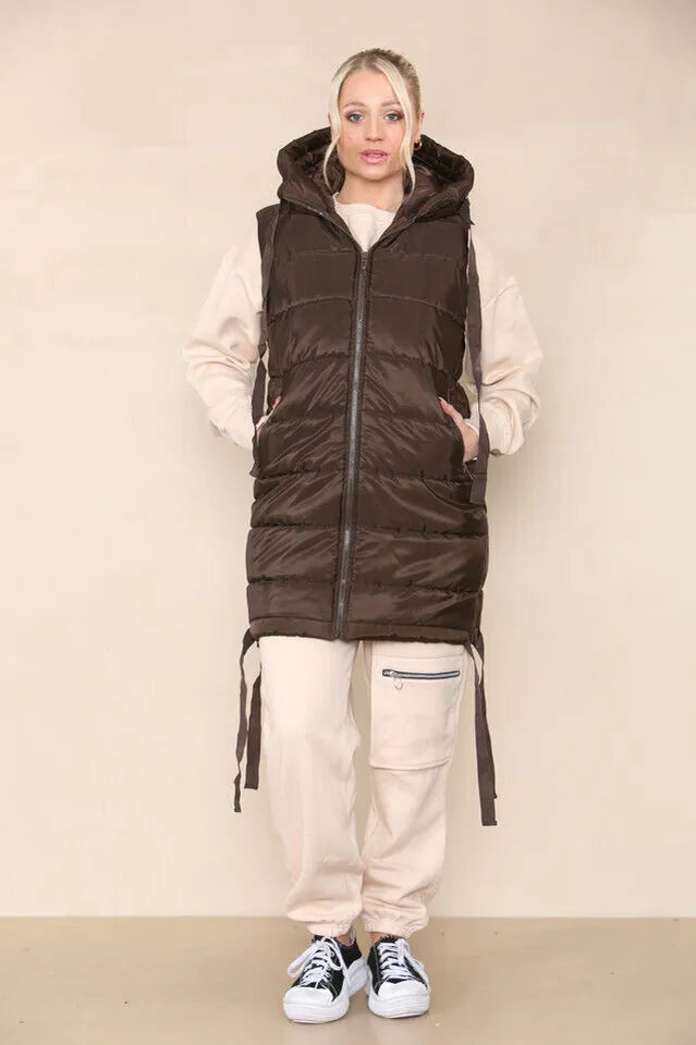 Women's Side Tassel Hooded Puffer Gilet Jacket Padded Waistcoat Body Warmer Side Pockets
