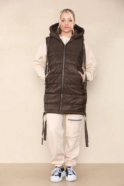 Women's Side Tassel Hooded Puffer Gilet Jacket Padded Waistcoat Body Warmer Side Pockets