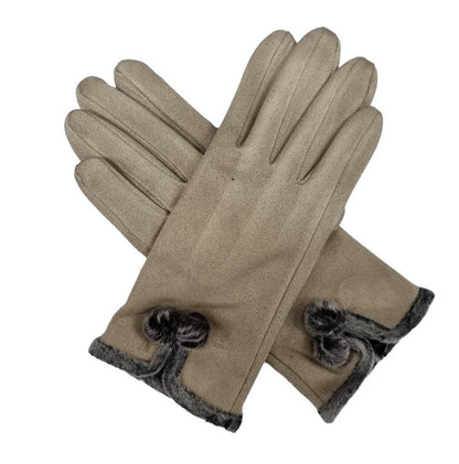 Women's Winter Fashion Gloves Fleece Faux Suede Gloves Warm Thermal Soft Lined Fur Pom Pom Gloves