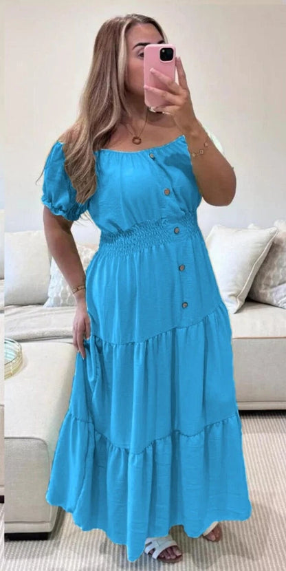 Women Elasticated Bardot Off Shoulder Button Magic Ladies Summer Stretchy Long Maxi Dress
