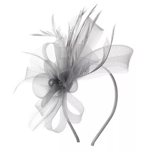 Looped Mesh Flower Feathers Pearl Fascinator Headband Alice band Wedding Ladies Day Royal Ascot Race