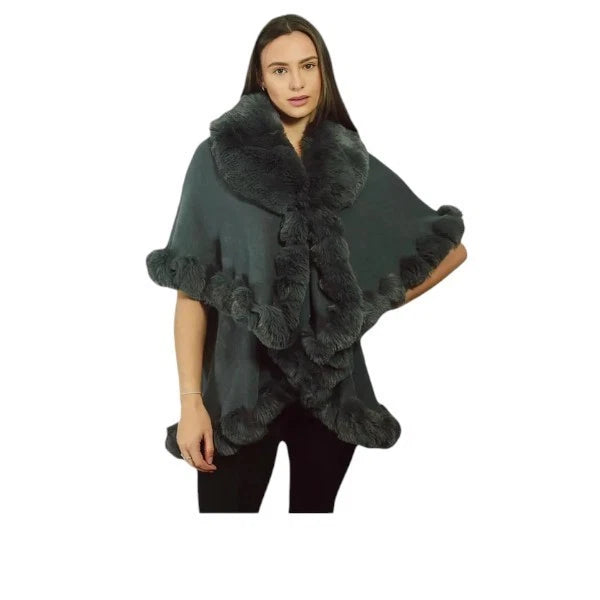 Womens Soft Double Layered Poncho Fleece Faux Fur Collar & Cuffs Ladies Luxury Poncho Cape Shawl Wrap