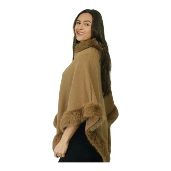 Women's Soft Cozy Stylish Poncho with Faux Fur Trim Winter Warm Ladies Cape Coat Wrap UK
