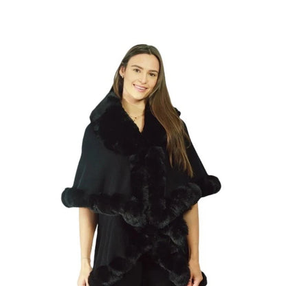 Womens Soft Double Layered Poncho Fleece Faux Fur Collar & Cuffs Ladies Luxury Poncho Cape Shawl Wrap