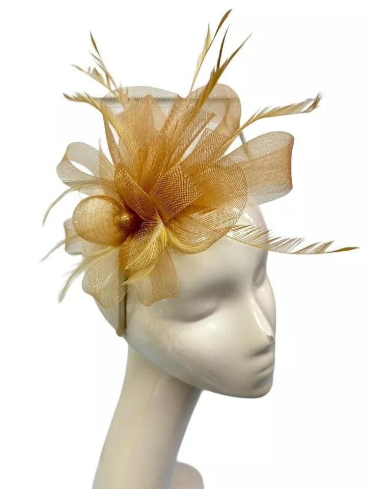 Looped Mesh Flower Feathers Pearl Fascinator Headband Alice band Wedding Ladies Day Royal Ascot Race