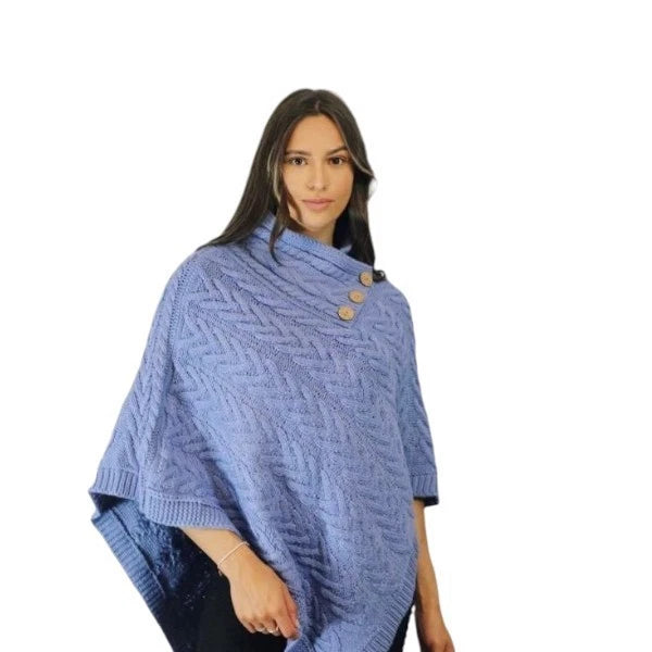 Women's Luxury Aran Cable Knit Poncho Button Neck Warm Winter Cape Shawl Wrap