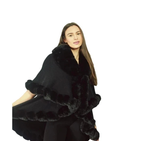 Womens Soft Double Layered Poncho Fleece Faux Fur Collar & Cuffs Ladies Luxury Poncho Cape Shawl Wrap