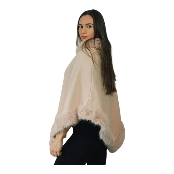 Women's Soft Cozy Stylish Poncho with Faux Fur Trim Winter Warm Ladies Cape Coat Wrap UK