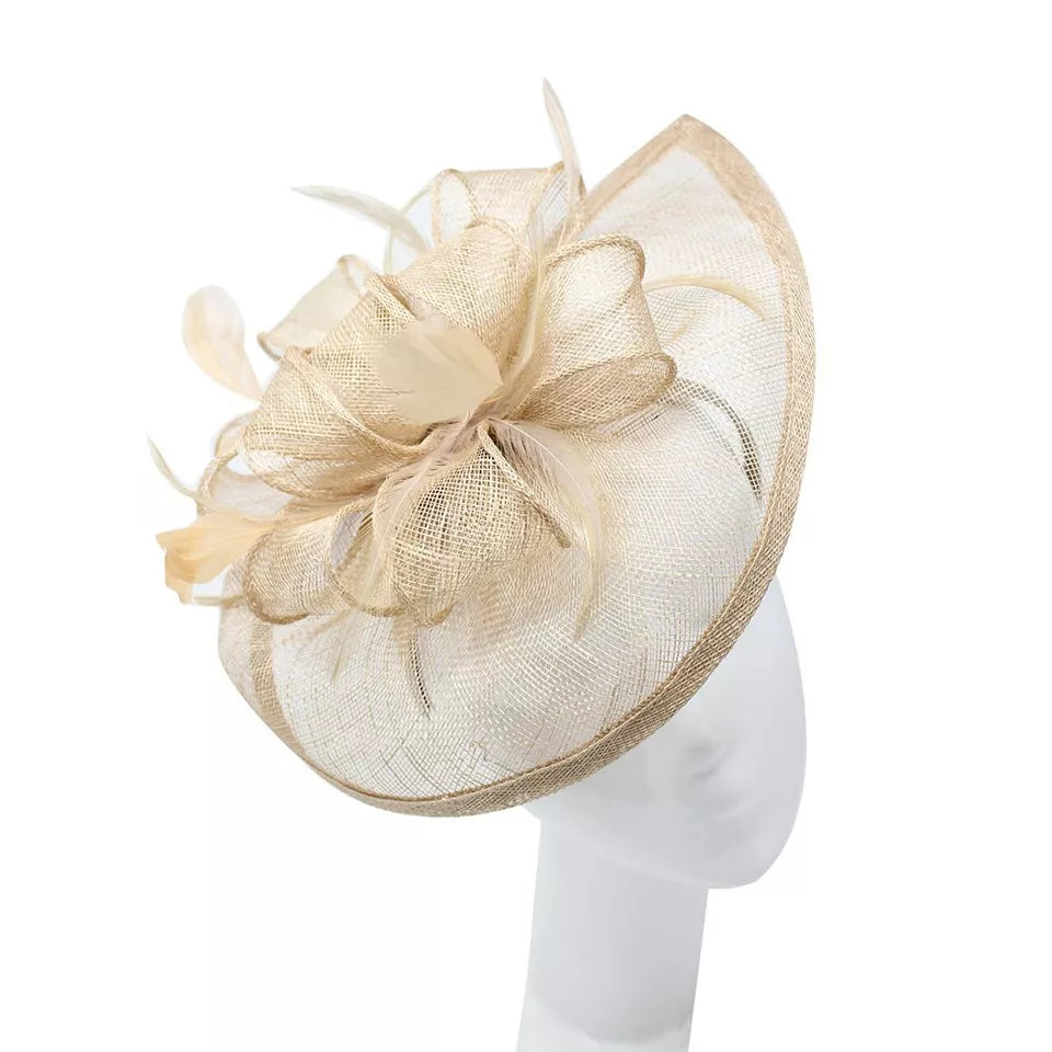 Sinamay Bow and Feather Teardrop Fascinator Headband & Clip Wedding Hat Race Royal Ascot Party