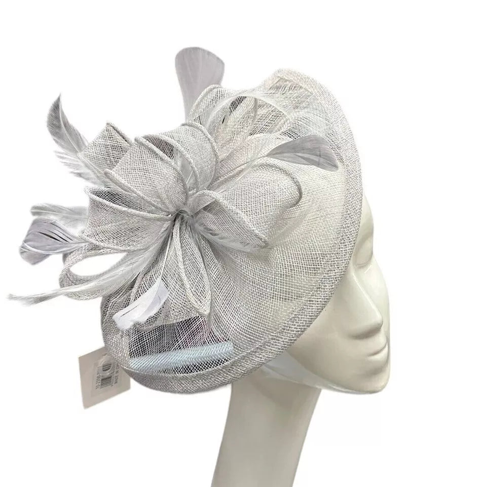 Sinamay Bow and Feather Teardrop Fascinator Headband & Clip Race Royal Ascot Party