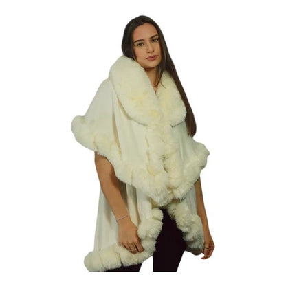 Womens Soft Double Layered Poncho Fleece Faux Fur Collar & Cuffs Ladies Luxury Poncho Cape Shawl Wrap