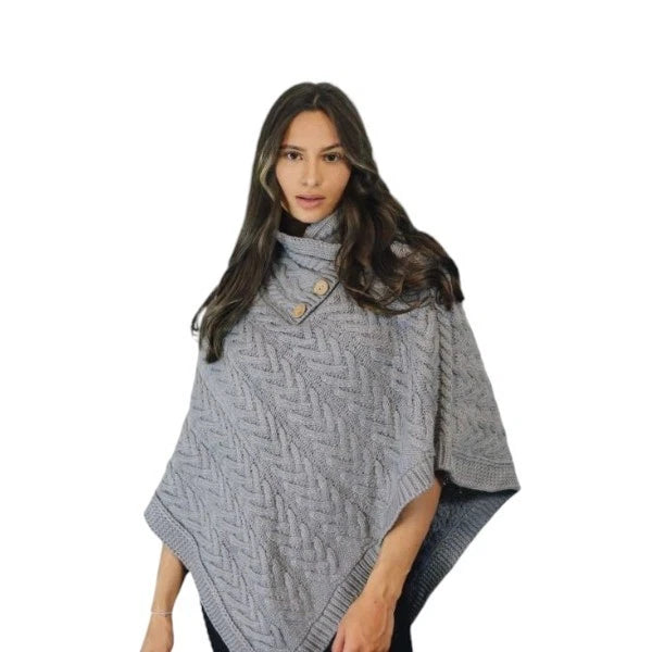 Women's Luxury Aran Cable Knit Poncho Button Neck Warm Winter Cape Shawl Wrap