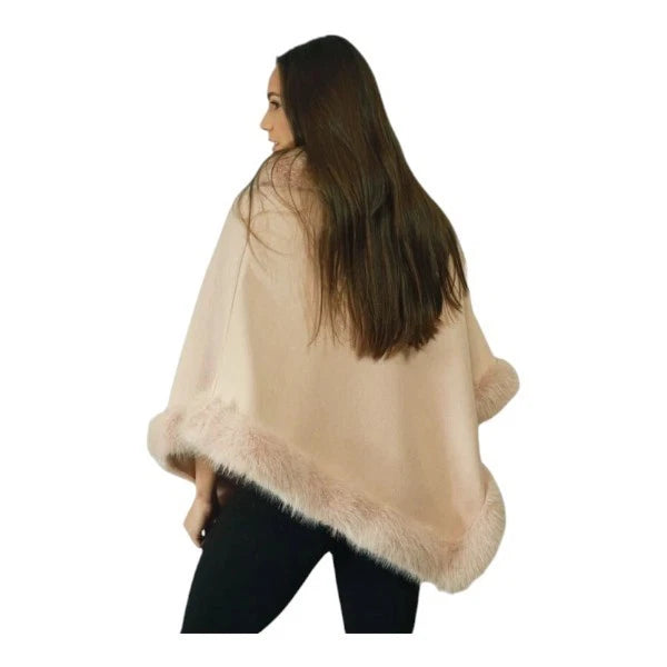 Women's Soft Cozy Stylish Poncho with Faux Fur Trim Winter Warm Ladies Cape Coat Wrap UK