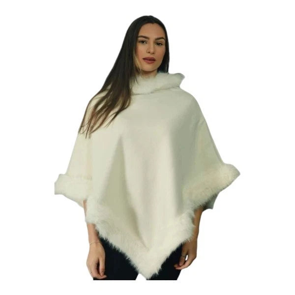 Women's Soft Cozy Stylish Poncho with Faux Fur Trim Winter Warm Ladies Cape Coat Wrap UK