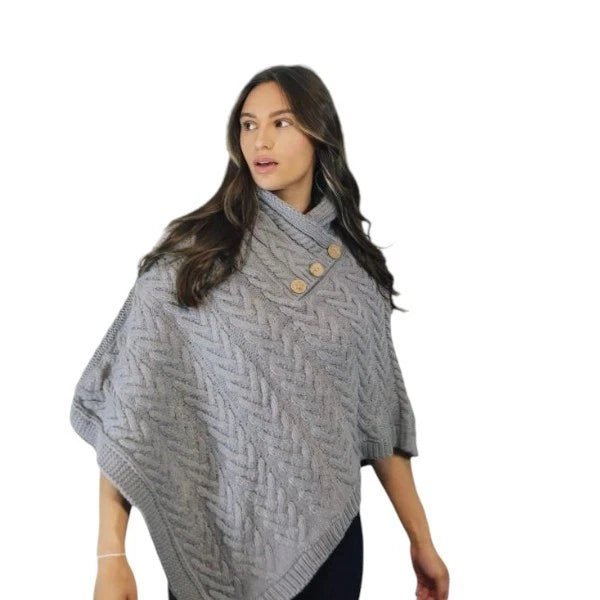 Women's Luxury Aran Cable Knit Poncho Button Neck Warm Winter Cape Shawl Wrap