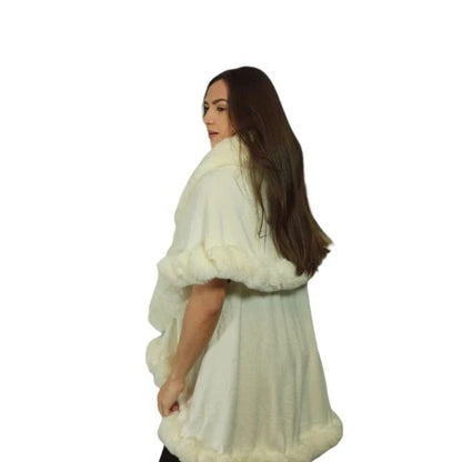 Womens Soft Double Layered Poncho Fleece Faux Fur Collar & Cuffs Ladies Luxury Poncho Cape Shawl Wrap