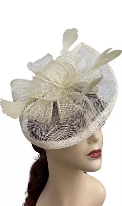 Sinamay Bow and Feather Teardrop Fascinator Headband & Clip Wedding Hat Race Royal Ascot Party