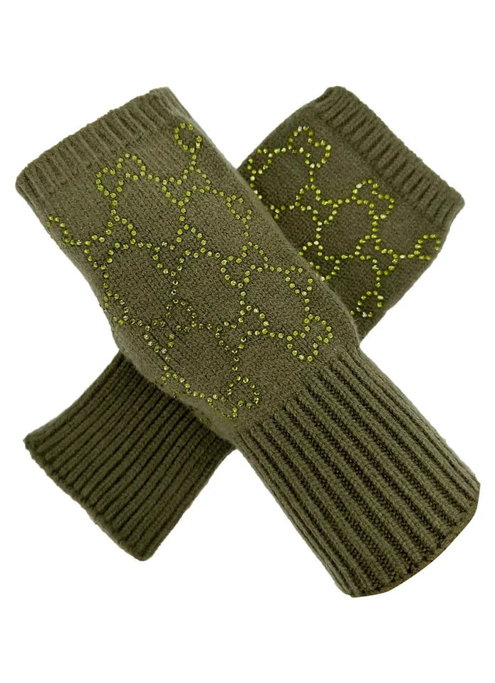 Women's Soft Fingerless Knitted Gloves Cosy Arm Warm Winter Ladies Fashion Gloves Sequined Interlocking Pattern