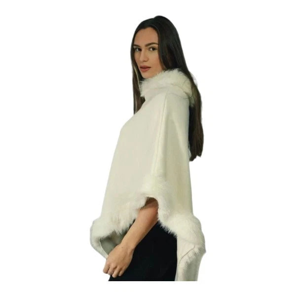 Women's Soft Cozy Stylish Poncho with Faux Fur Trim Winter Warm Ladies Cape Coat Wrap UK