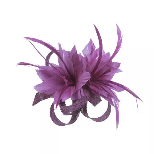 Small Double Flower Feather Hair Clip Fascinator Wedding Ladies Day Race Royal Ascot