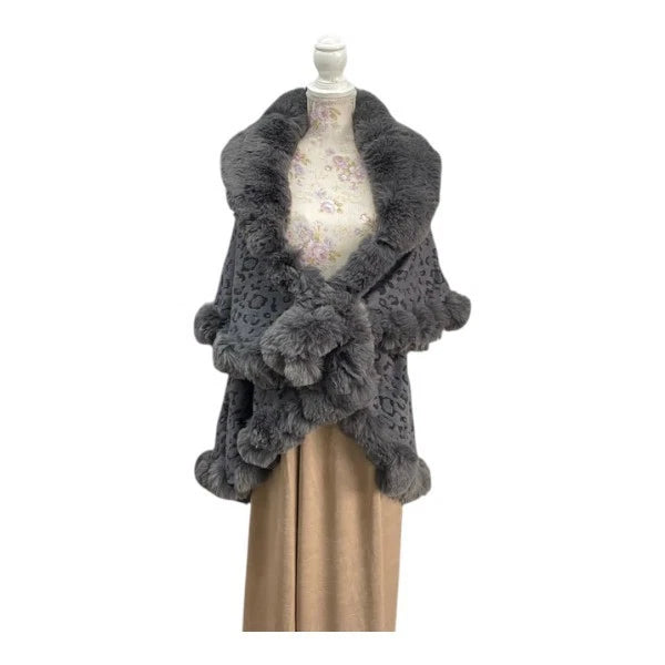 Womens Soft Double Layered Poncho Fleece Faux Fur Collar & Cuffs Ladies Luxury Poncho Cape Shawl Wrap