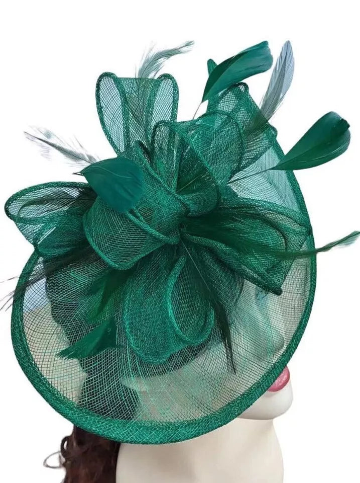 Sinamay Bow and Feather Teardrop Fascinator Headband & Clip Wedding Hat Race Royal Ascot Party