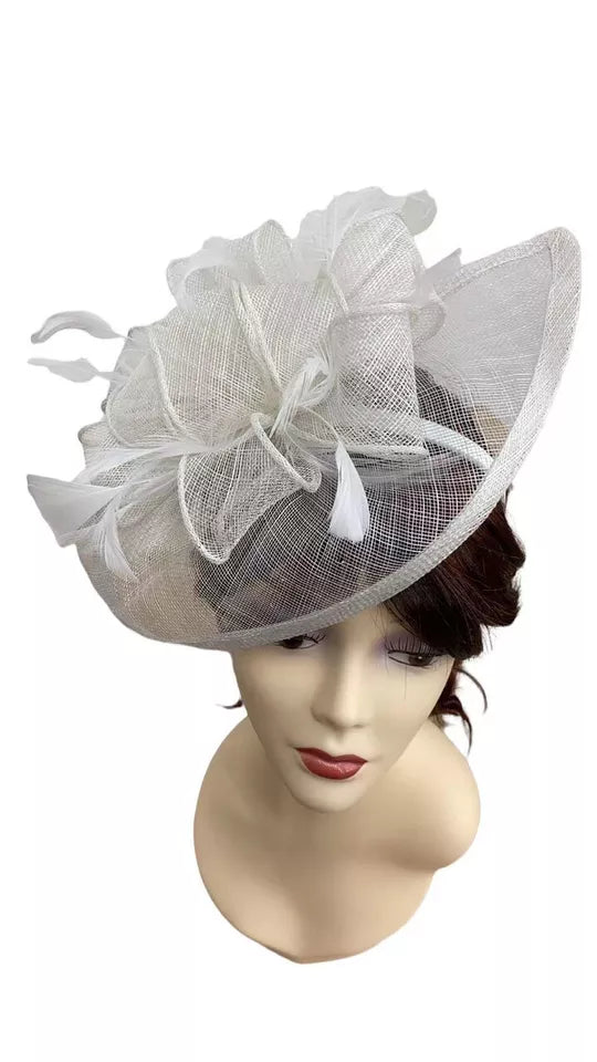 Sinamay Bow and Feather Teardrop Fascinator Headband & Clip Wedding Hat Race Royal Ascot Party