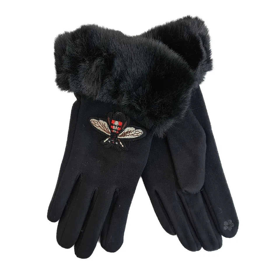 Women's Ladies Embroidered Bee Winter Gloves Touch Screen Fleece Warm Soft Fur Lined Thermal