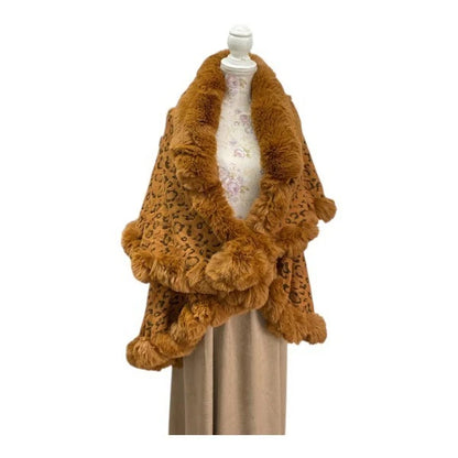 Womens Soft Double Layered Poncho Fleece Faux Fur Collar & Cuffs Ladies Luxury Poncho Cape Shawl Wrap