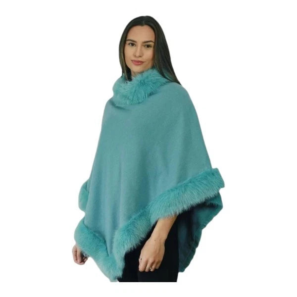 Women's Soft Cozy Stylish Poncho with Faux Fur Trim Winter Warm Ladies Cape Coat Wrap UK