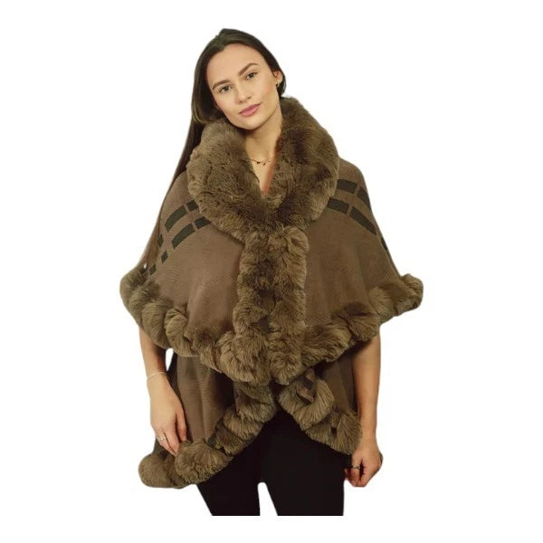 Womens Soft Double Layered Poncho Fleece Faux Fur Collar & Cuffs Ladies Luxury Poncho Cape Shawl Wrap
