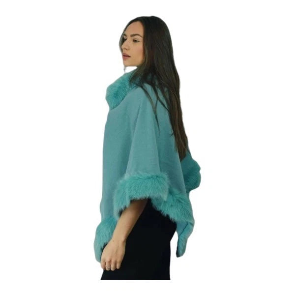 Women's Soft Cozy Stylish Poncho with Faux Fur Trim Winter Warm Ladies Cape Coat Wrap UK