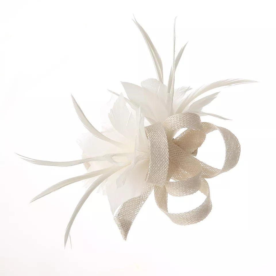 Small Double Flower Feather Hair Clip Fascinator Wedding Ladies Day Race Royal Ascot