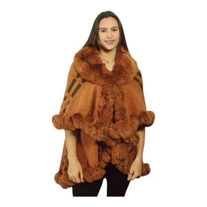 Womens Soft Double Layered Poncho Fleece Faux Fur Collar & Cuffs Ladies Luxury Poncho Cape Shawl Wrap