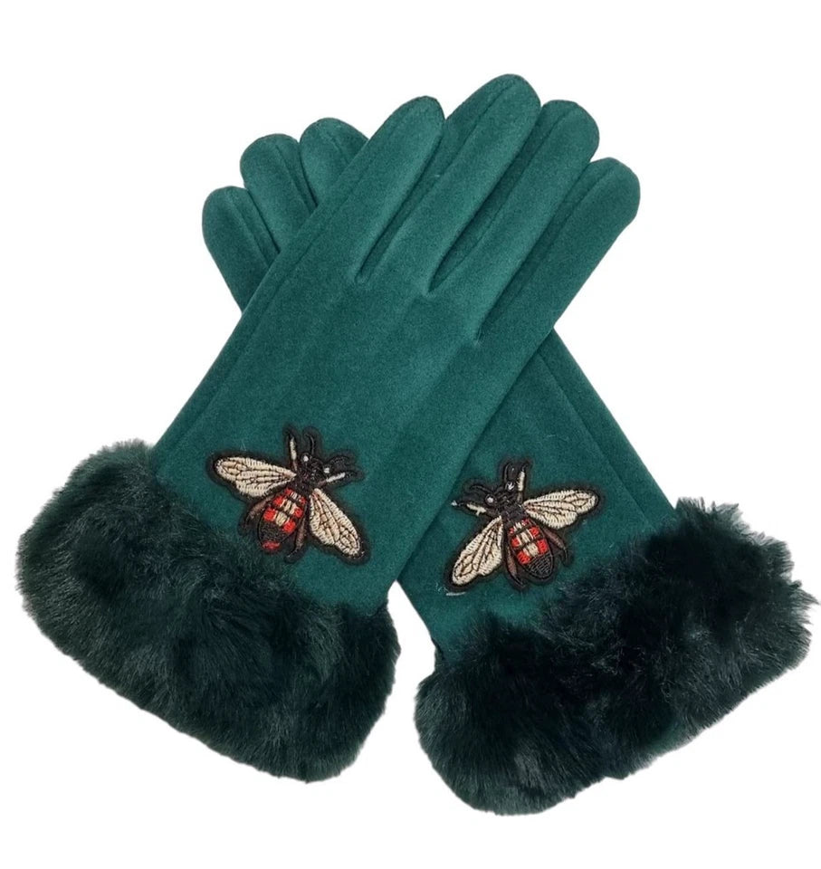 Women's Ladies Embroidered Bee Winter Gloves Touch Screen Fleece Warm Soft Fur Lined Thermal