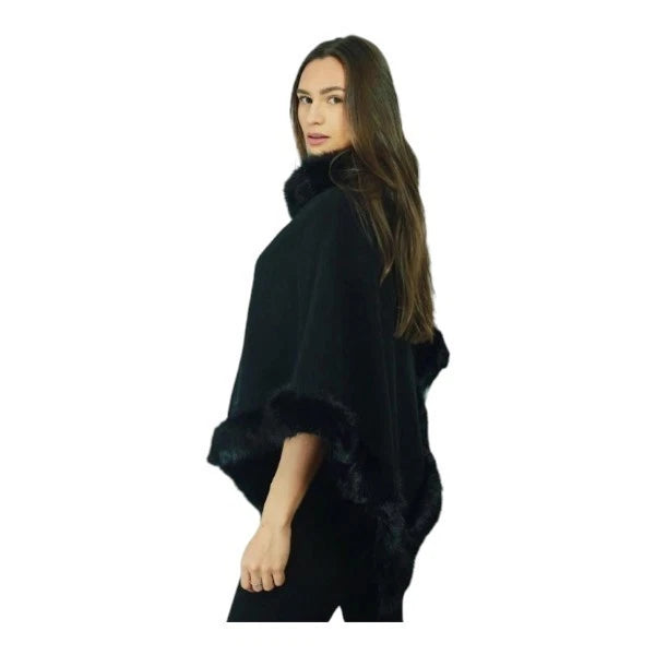 Women's Soft Cozy Stylish Poncho with Faux Fur Trim Winter Warm Ladies Cape Coat Wrap UK
