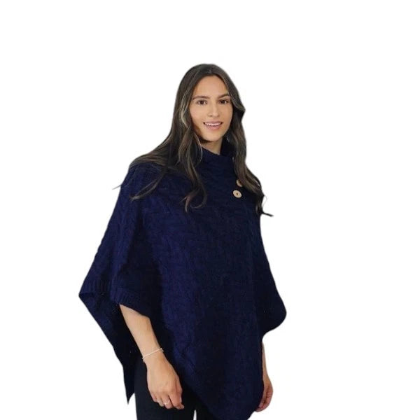 Women's Luxury Aran Cable Knit Poncho Button Neck Warm Winter Cape Shawl Wrap