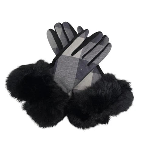 Women's Luxury Winter Warm Gloves Check Tartan Faux Fur Trim Gloves Fleece Lined