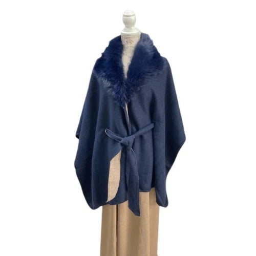 Women's Warm Winter Poncho Soft Fleece Faux Fur Collar Ladies Cape Shawl Wrap