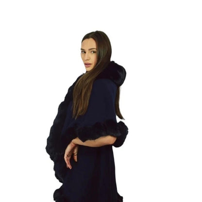Womens Soft Double Layered Poncho Fleece Faux Fur Collar & Cuffs Ladies Luxury Poncho Cape Shawl Wrap