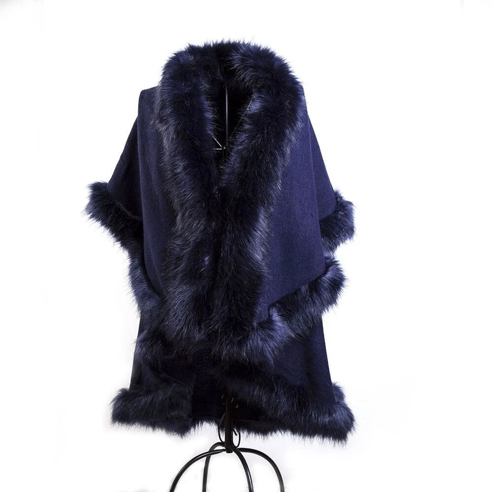 Womens Soft Double Layer Poncho Fleece Faux Fur Collar & Cuffs Ladies Cape Shawl Wrap UK