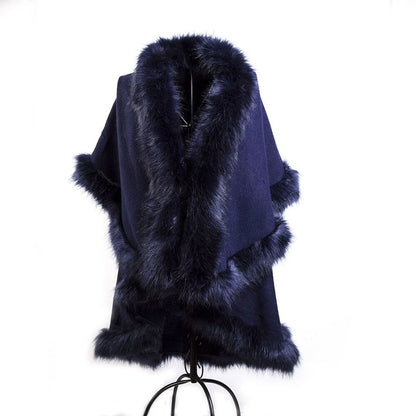 Womens Soft Double Layer Poncho Fleece Faux Fur Collar & Cuffs Ladies Cape Shawl Wrap UK