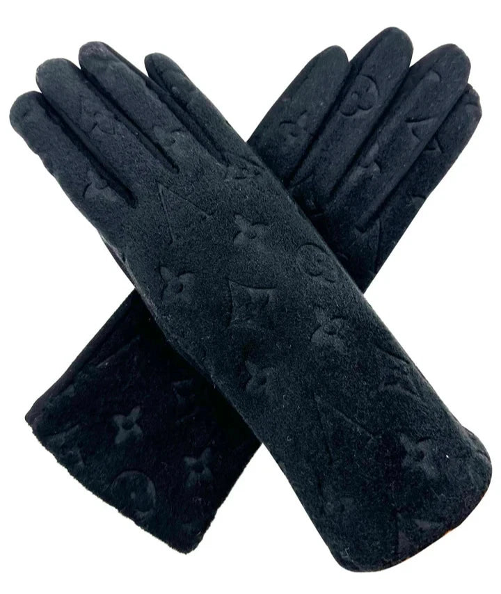 Women Soft Cosy Fashion Gloves Monogram Printed Touch Screen Winter Warm Fleece