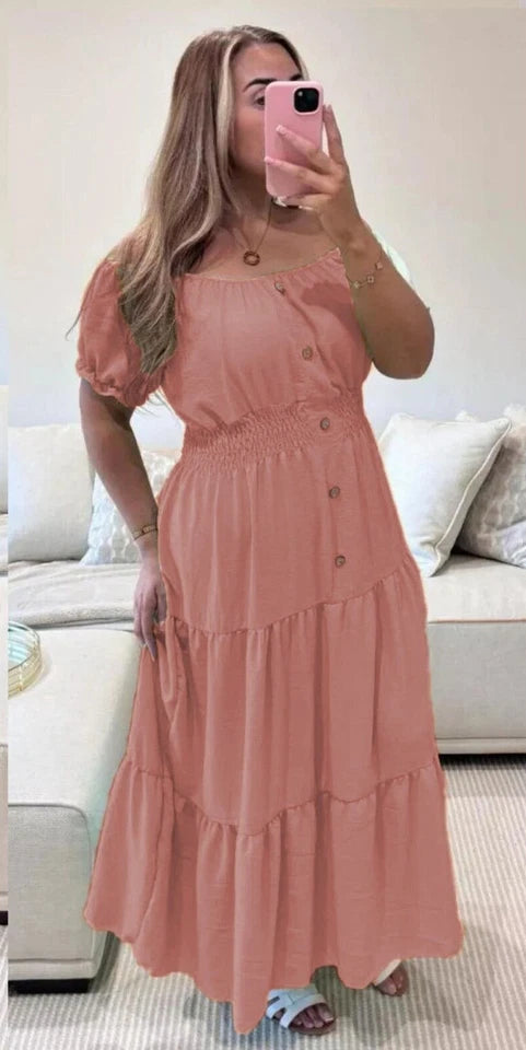 Women Elasticated Bardot Off Shoulder Button Magic Ladies Summer Stretchy Long Maxi Dress