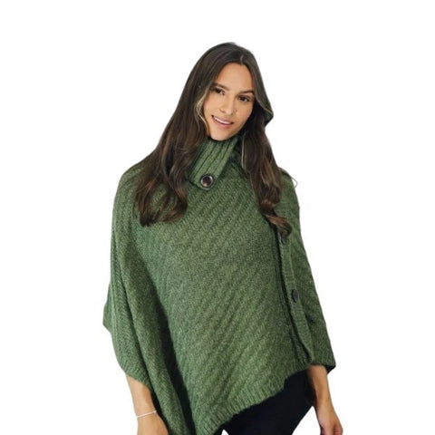 Women's Luxury Aran Cowl Neck Poncho Buttons Details Soft Cozy Winter Warm Wrap